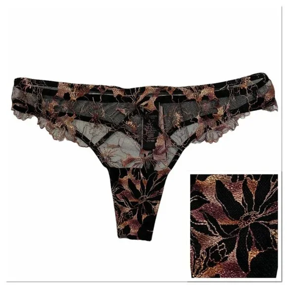 NWT VICTORIA'S SECRET Very Sexy Thong Sz LARGE Black Mesh Lace Metallic Floral - Picture 1 of 7